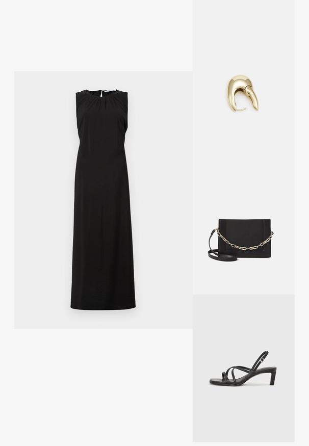 Bezramenné černé maxi šaty s kulatým výstřihem, jemnými nabíráními na ramenou a rozparkem do délky kolen na zadní straně. Hladká, lehká tkanina.; Černé sandály na tenkém podpatku se čtveratou špičkou a nízkým blokovým podpatkem. Mají několik tenkých popruhů a nastavitelné zapínání okolo kotníku. Vyrobeny z hladké kůže.; Černá kožená crossbody taška s hladkým povrchem, obdélníkovým tvarem a kovovým řetízkem na přední straně. Součástí je nastavitelný popruh.; Náušnice ve zlatém tónu z kovu s elegantním zakřiveným designem. Vyznačují se jedinečným špičatým tvarem, lesklým povrchem a závěsem na kloub.