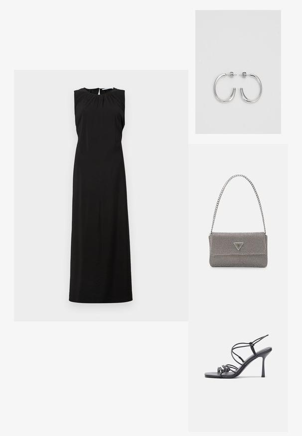 Rochie maxi neagră fără mâneci, cu decolteu rotund, cu pliuri subtile la umeri și o fanta până la genunchi pe spate. Material fin, ușor.; Sandale negre cu toc înalt au curele subțiri cu un design legat, un vârf pătrat neted și un toc stiletto elegant.; Geantă metalică gri deschis, cu un strap din lanț, decorată cu mici ținte circulare metalice și un logo de marcă triangular.; Cercei rotunzi din argint cu un finisaj neted și strălucitor. Design ușor, având o formă rotundă și închidere cu tijă.