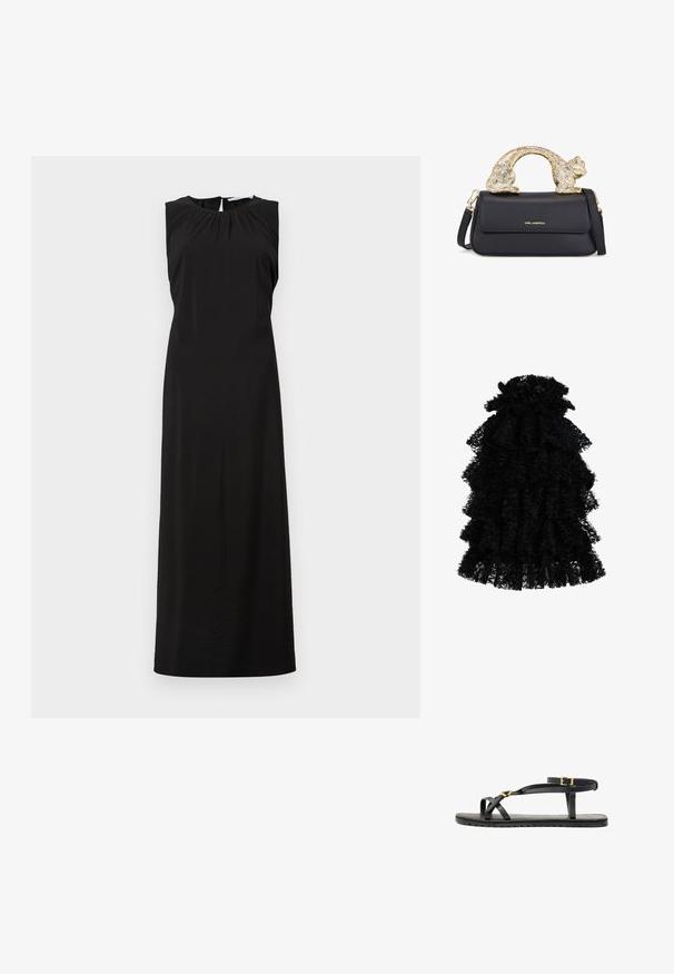 Mustat olkaimettomat maksimekot, joissa on pyöreä kaula-aukko, huomaamattomat laskokset harteilla ja polven korkuinen halkio takana. Suunniteltu sileästä, kevyestä kankaasta.; Musta rypistynyt mekko, joka on valmistettu teksturoidusta kankaasta. Mekossa on useita kerroksia ja kerätty pääntie, joka luo runsaan siluetin.; Mustat nahkasaappaat, joissa on ohuet hihnat ja soljellinen nilkkahihna. Tasainen pohja tekstuurilla ja sahalaitareunalla. Minimalistinen muotoilu.; Musta nahkakäsi, jossa on kultainen kissanmuotoinen kahva, etuohjauslaukku, säädettävä hihna ja logotunnus alaosassa.