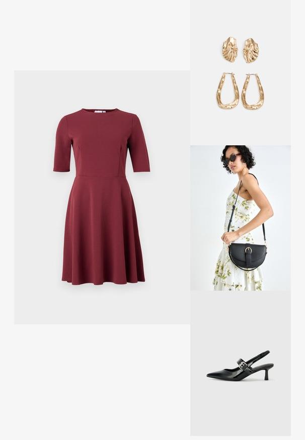 Vestido burgundy com decote redondo, mangas curtas, corpete ajustado e saia rodada. Feito de um tecido liso sem padrões ou adornos visíveis.; Saltos slingback em verniz preto com bico pontiagudo e um pequeno salto bloco, apresentando um detalhe de fivela prateada na tira.; Bolsa de couro preta com forma curva, alça destacável e detalhes em dourado. A bolsa possui uma aba com detalhe de fivela.; Brincos em tom de ouro com formas onduladas e texturizadas. Inclui studs escultóricos com presilha e um design de argola aberta com um acabamento martelado.