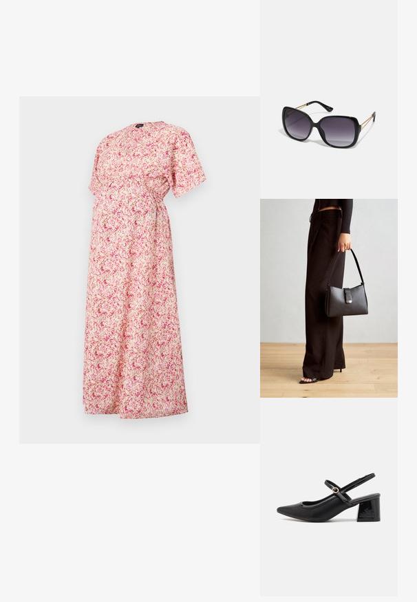 Floral maternity dress in light pink with a loose fit, short sleeves, and a gathered waist. Features a small round neckline and varied flower patterns.; Black patent leather slingback heels with a pointed toe, a rounded cutout design, and a block heel. Features a gold-tone buckle accent.; Black oversized sunglasses with gradient lenses, thick frames, and gold-tone chain detailing on the temple arms.; Black handbag with structured shape, smooth texture, and a metallic clasp. Paired with wide black pants and open-toe sandals on wooden floor.