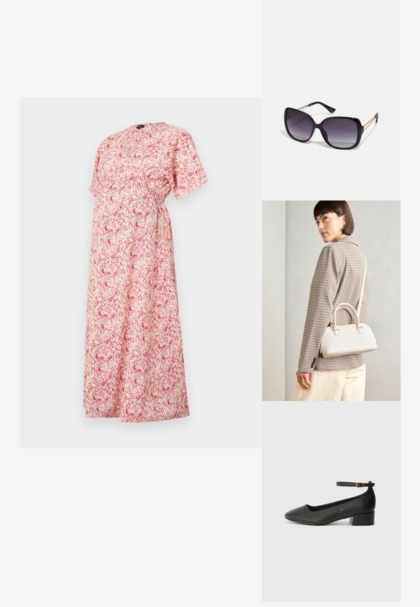 Világos rózsaszín anyasági ruha, laza szabással, rövid ujjal és gyűrt derékrésszel. Kis kerek nyakkivágással és változatos virágmintákkal rendelkezik.; Fekete bőr magassarkú cipő hegyes orral és alacsony tömb sarkal. Bokapánttal rendelkezik, aranyszínű csattal. Simább textúra.; Fekete, oversize napszemüveg fokozatos árnyalatú lencsékkel, vastag kerettel és arany színű lánc díszítéssel a szárakon.; Fehér, strukturált kézitáska rövid füllel és vállpánttal, arany színű fém kiegészítőkkel és texturált anyagból, szürke háttér előtt bemutatva.