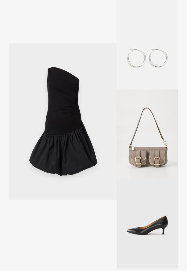 Czarna sukienka na jedno ramię z dopasowanym gorsetem i obszerna, marszczoną spódnicą. Wykonana z gładkiego, lekkiego materiału o matowym wykończeniu.; Czarne skórzane szpilki z wąskim noskiem, niskim obcasem i gładką fakturą. Posiadają lekko otwarte przody i minimalne okucia z tyłu.; Beżowa torebka teksturowana z regulowanym paskiem, dwoma przednimi kieszeniami zabezpieczonymi klamrami oraz złotymi akcentami. Zamek błyskawiczny na górze.; Srebrne kolczyki w formie kół mają gładki, zaokrąglony design z cienkim profilem i bezpiecznym zapięciem. Minimalistyczny styl z polerowanym wykończeniem.