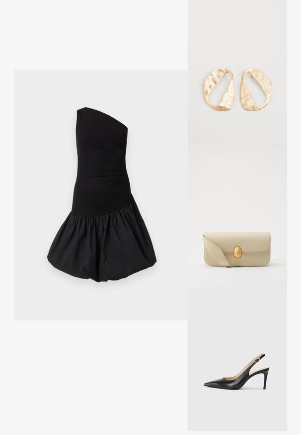 Félvállas fekete ruha, amely illeszkedő felsőrésszel és dús, fodros szoknyával rendelkezik. Simító, könnyű anyagból készült, matt felülettel.; Fekete bőrből készült, hegyes orrú, állítható pánttal rendelkező magassarkú szandál, elegáns tűsarokkal, sima felülettel.; Beige bőrtáska sima textúrával, téglalap alakban, arany ovális zárral. Hosszú, állítható pánttal rendelkezik.; Egy pár szabálytalan, ovális formájú, aranyszínű fém fülbevaló, enyhén kalapált felülettel, fehér háttéren.