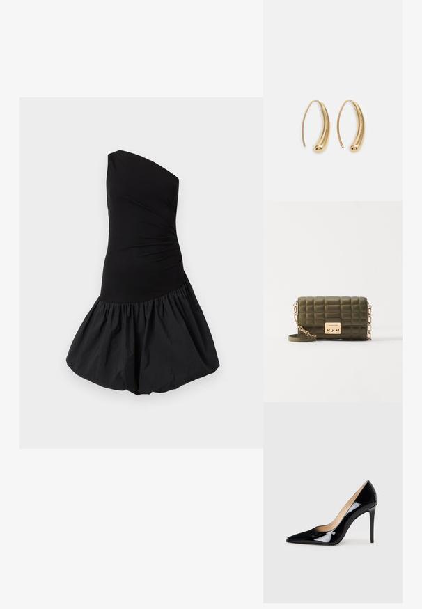Félvállas fekete ruha, amely illeszkedő felsőrésszel és dús, fodros szoknyával rendelkezik. Simító, könnyű anyagból készült, matt felülettel.; Fekete lakkbőr magas sarkú pumpa hegyes orral és elegáns sziluettel. Simább, fényes felülettel és karcsú tűsarokkal rendelkezik.; Tömörített olíva zöld bőr kézitáska arany tónusú fémrészletekkel, nyomógombos zárással és levehető láncos vállpánttal.; Aranyszínű fémből készült karika fülbevalók ívelt, hosszúkás formával. Simaságával és fényes felületével, valamint lekerekített végével további részletekkel bővül.