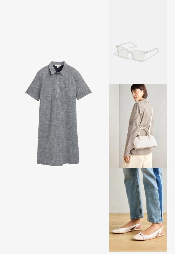 Kortärmad klänning i grått vävt tyg med rutig mönstring, som har en krage, knapplist och två framfickor.; Ljust rosa slingback-lägenheter med spetsig tå, tillverkade av ett slätt läderliknande material. Har utskurna detaljer på sidorna och en platt häl.; Klart plastfyrkantiga glasögon med genomskinliga linser, med guldfärgade detaljer på bågarna för extra stil.; Vitt strukturerat handväska med korta handtag och en axelrem, med gyllene detaljer och texturerat material, visad mot en grå bakgrund.