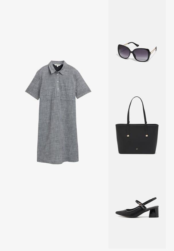 Kratka obleka s kratkimi rokavi v sivi tkanini z vzorcem kariraste, ki ima ovratnik, gumbe na sprednji strani in dve sprednji žepi.; Črne patentne usnjene salonarce s slingback obliko, s koničastim nosom, zaobljenim izrezom in blok peto. Imajo zlato kovinsko zaponko kot dodatno okrasje.; Črne prevelike sončne očala z degradacijskimi lečami, debelimi okvirji in zlatimi verižicami na ročajih.; Črna torba iz sintetičnega materiala, preproste pravokotne oblike, z zlatimi kvadratnimi detajli in dvojnih ročajem.