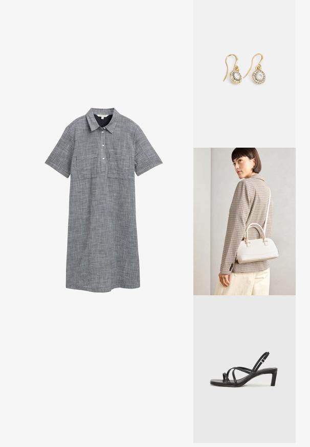 Īsām piedurknēm kleita pelēkā austā audumā ar šķērsstiepu rakstu, aprīkota ar apkakli, pogu lentu un divām priekšējām kabatām.; Melnas strappy sandales ar kvadrātveida purngaliem un zemu bloku papēdi. Ievērojamas ar vairākiem plāniem siksniņām un regulējamu potītes siksniņu. Izgatavotas no gludas ādas.; Balta strukturēta roku soma ar īsām rokturiem un plecu siksnu, ar zelta aparatūras akcentiem un strukturētu materiālu, izstādīta uz pelēka fona.; Zelta tonī veidotas auskaru piekariņi ar ovālu izgriezumu caurspīdīgām kristālēm, kuras ieskauj mazākas caurspīdīgas akmeņu daļiņas, ar āķveida dizainu drošai valkāšanai.