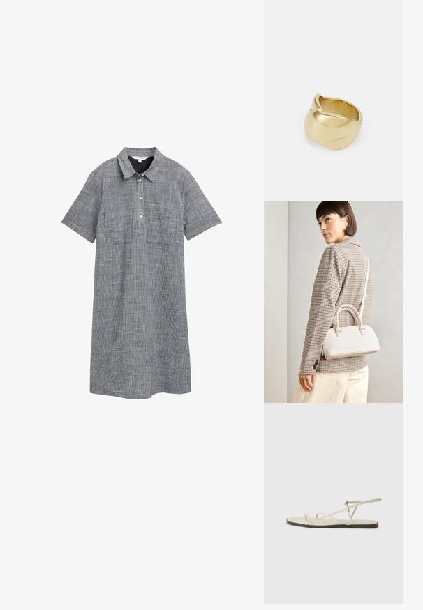 Šaty s krátkym rukávom z šedej tkaniny s kockovaným vzorom, so golierom, zapínaním na gombíky a dvoma prednými vreckami.; Béžové ploché sandále s viacerými štíhlymi popruhmi a nastaviteľnou prackou. Podrážka je plochá s jemným tmavým kontrastom na okraji.; Biela štruktúrovaná kabelka s krátkymi rúčkami a ramenným popruhom, s zlatými kovovými prvkami a textúrovaným materiálom, vystavená na šedom pozadí.; Zlatá prstene s hladkým, skrúteným dizajnom. Má lesklý povrch a zaoblené okraje, čím vytvára bezproblémový, plynulý tvar.