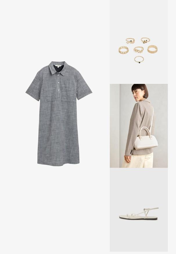 Kratka obleka s kratkimi rokavi v sivi tkanini z vzorcem kariraste, ki ima ovratnik, gumbe na sprednji strani in dve sprednji žepi.; Beige ravne sandale z več tankimi trakovi in nastavljivim zaponcem. Podplat je raven z rahlo temnim kontrastom na robu.; Bela strukturirana torba z kratkimi ročaji in naramnim trakom, z zlatimi okrasnimi elementi in teksturiranim materialom, prikazana na sivi podlagi.; Nabor šestih zlatih prstanov z različnimi dizajni: pleteni, listni motivi in trdne nenaključene obroče; nekateri s poudarki iz zelenih draguljev.