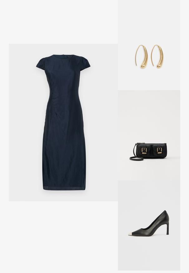 Mörkblå figurnära klänning med korta ärmar, strukturera tyg och sidofållningar. Knälängd med en dold dragkedja bak. Slät finish.; Svart skinnsko med hög klack, spetsig tå och metallisk silverhätta. Har en slät yta och en smal klack på 10 cm.; Svart läderaxelväska med två framfickor, guldspännen, dragkedjestängning och en smal rem. Texturerad yta och kompakt rektangulär form.; Guldtonade metallörhängen i en kurvad, avlång form. Har en slät, glänsande yta och en rundad spets för en extra detalj.