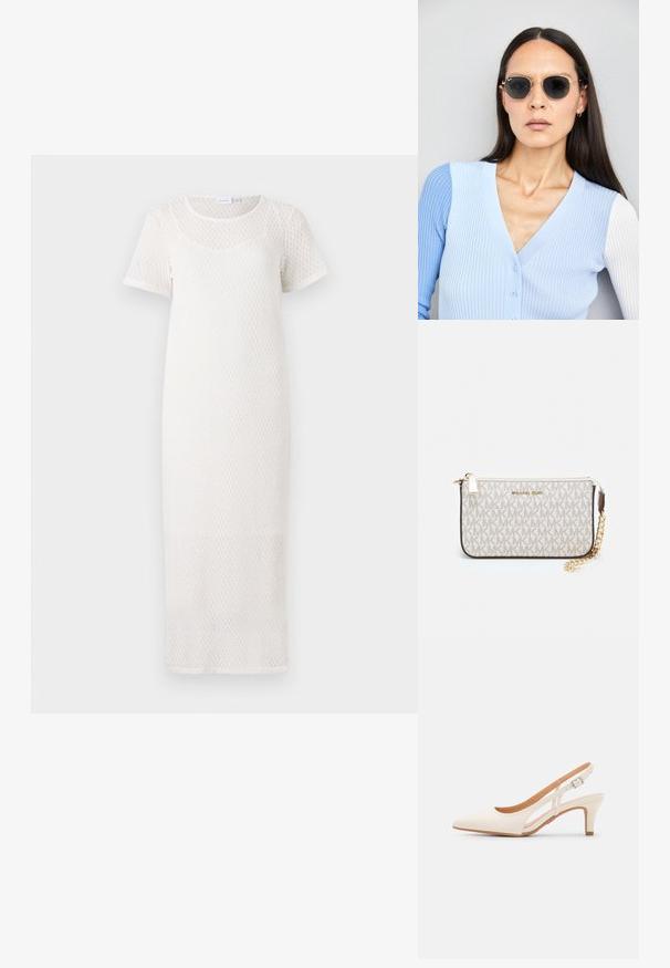 Vestido largo de punto blanco con mangas cortas, que presenta un patrón texturizado y un escote redondo. Tejido suave, diseño hasta la rodilla.; Zapato de tacón de tirantes blanco con punta afilada, material superior liso, tacón bajo y diseño con corte lateral con correa ajustable.; Gafas de sol redondas con lentes oscuros y montura dorada. El modelo lleva un cárdigan de canalé azul claro con botones y mangas blancas en contraste.; Monedero de muñeca Michael Kors en lona recubierta beige que presenta un patrón repetido del logo MK, herrajes dorados y una correa de cadena desmontable.
