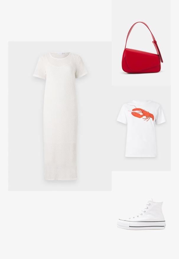 White knitted maxi dress with short sleeves, featuring a textured pattern and a round neckline. Smooth fabric, knee-length design.; White cotton t-shirt featuring a large, bright red lobster graphic on the front. Short sleeves and standard crew neck design.; White high-top canvas sneaker with black rubber sole, front rubber toe cap, and six eyelets for laces, featuring a clean, minimalist design.; Red leather handbag with an angular, geometric design. Features a single adjustable strap and a flap closure with stitched detailing.