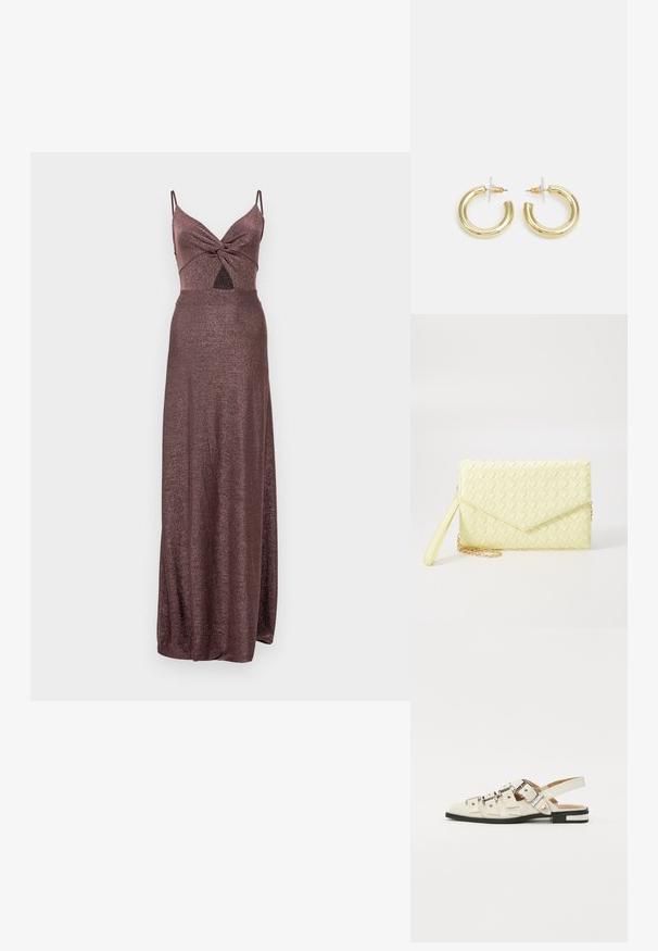 Dolga, sijoča burgundska obleka s prileganim telesom, ovijajočim detajlom pri izrezu ter tankimi naramnicami, ki se razteza do krila, ki sega do tal.; Sandal v slogu z odprtim peto v beli usnjeni obvali z več širokimi trakovi in srebrnimi zaponkami; ravni podplat z majhno črno peto in kovinskimi detajli.; Rumena pletena torbica za ključe z zapiralom, odstranljivim zapestnim trakom in zlatim verižnim poudarkom. Gladka tekstura in pravokotna oblika.; Zlate uhane v obliki obročkov z gladko, sijočo površino. Krožna zasnova s majhnim nosilcem in prozornim podplatom za varno nošenje.