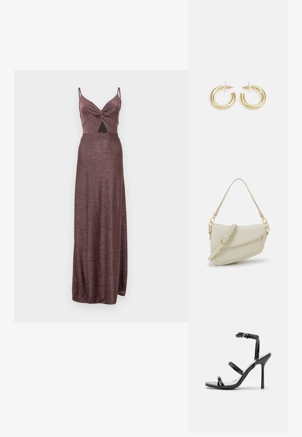 Duga, sjajna bordo haljina s uskim korzetom, detaljem u obliku uvrtanja na izrezu, te tankim trakama koje se spuštaju do suknje koja seže do poda.; Crne lakirane kožne sandale s visokom potpeticom, s tri horizontalne trake i podesivom trakicom oko gležnja. Elegantan oblik i sjajan završni sloj.; Mala krem torbica s teksturiranim finišom, dugačkim podesivim remenom, lančanim detaljem i preklopom. Zlaćani hardver.; Zlatne kružne naušnice s glatkom, sjajnom završnom obradom. Kružni dizajn s malom potporom i prozirnom podlogom za sigurno nošenje.
