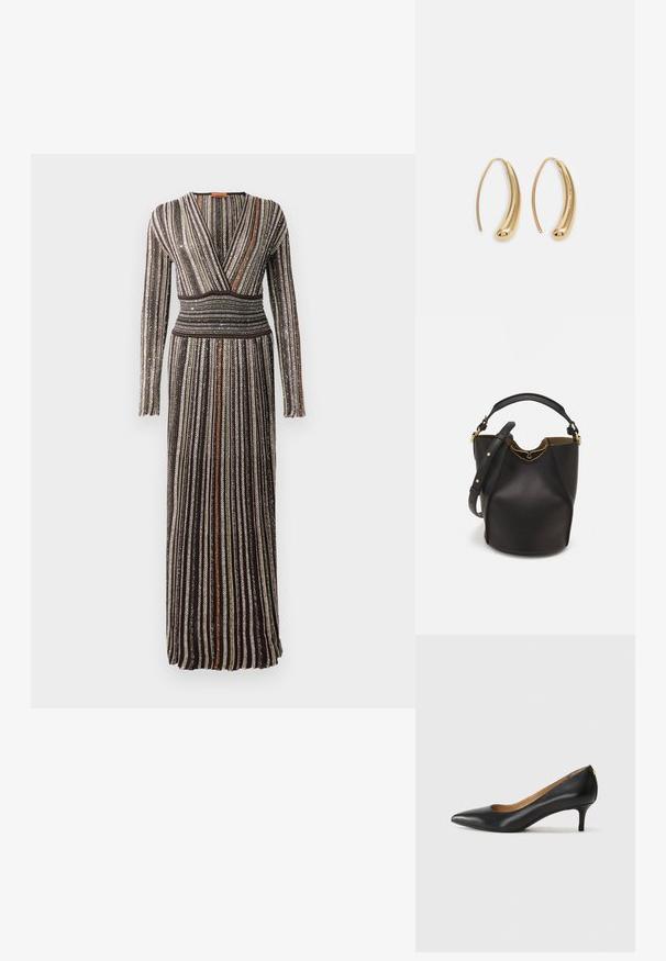 Rochie lungă, ajustată, cu un design înfășurat, dungi verticale metalice în nuanțe de maro, verde și portocaliu și mâneci lungi cu un finisaj texturat.; Pantofii din piele neagră au vârful ascuțit, toc mic și o textură netedă. Au o deschidere ușoară în față și un hardware minim în spate.; Geantă din piele neagră în stil bucket, cu un finisaj texturat, accente din metal auriu și un compartiment deschis. Dispune de o mânere scurtă și un curea de umăr ajustabilă.; Cercei din metal auriu, cu un design curbat și alungit. Au o suprafață netedă și strălucitoare, cu un vârf rotunjit pentru un detaliu suplimentar.