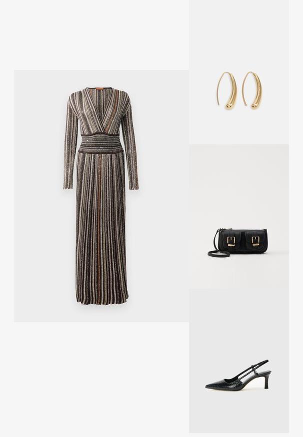 Robe longue et ajustée avec un design enveloppant, des rayures métalliques verticales en marron, vert et orange, et des manches longues avec une finition texturée.; Escarpin slingback en vernis noir avec un bout pointu, présentant un imprimé serpent texturé, une sangle réglable et un petit talon bloc texturé.; Sac en cuir noir porté en travers avec deux poches avant, boucles dorées, fermeture zippée et une sangle fine. Surface texturée et forme rectangulaire compacte.; Boucles d'oreilles en métal doré en forme d'anneau, avec une forme courbée et allongée. Elles présentent une surface lisse et brillante avec une pointe arrondie pour un détail supplémentaire.