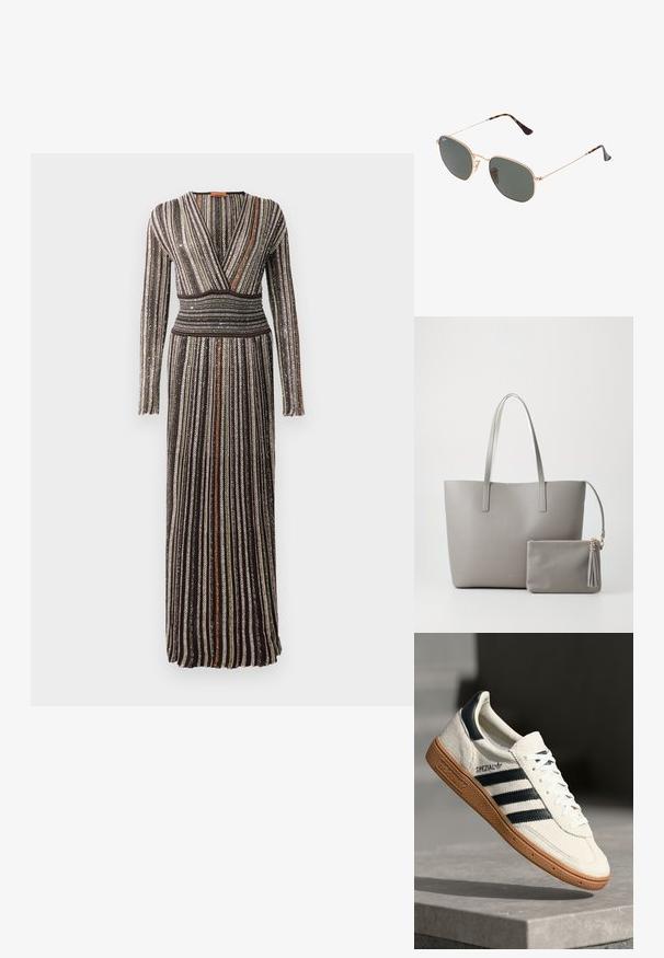 Dlhé, priliehajúce šaty s obvyklým dizajnom, vertikálnymi kovovými prúžkami v hnedej, zelenej a ORANŽOVEJ farbe a dlhými rukávmi s textúrovaným povrchom.; Biele semišové tenisky s námorníckymi pruhmi, gumovou podrážkou, textúrovaným zvrškom, okrúhlou špičkou a šnurovaním; obsahujú označenie na boku a jazyku.; Zlaté slnečné okuliare s kovovým rámom a tmavozelenými šošovkami v aviator štýle, s úzkymi ramenami a mramorovými akcentami na koncoch.; Šedá syntetická taška so vstavanými dlhými uchami a zodpovedajúcou malou zipsovou taštičkou s strapcom. Hladký povrch so jemným vzorom.