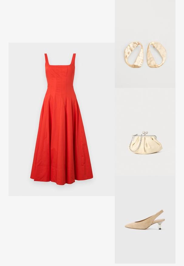 Robe midi en coton rouge avec un décolleté carrée, un buste ajusté et une jupe évasée, présentant des coutures verticales et une texture lisse.; Chaussure slingback en suède beige avec un nez pointu et un talon transparent et arrondi. Texture lisse et design minimaliste.; Pochette en cuir beige plissé avec un cadre en métal argenté, dotée de deux fermoirs ronds décoratifs et d'une chaîne en argent.; Une paire de boucles d'oreilles en métal doré, de forme ovales irrégulières, avec une surface texturée et légèrement martelée sur fond blanc.
