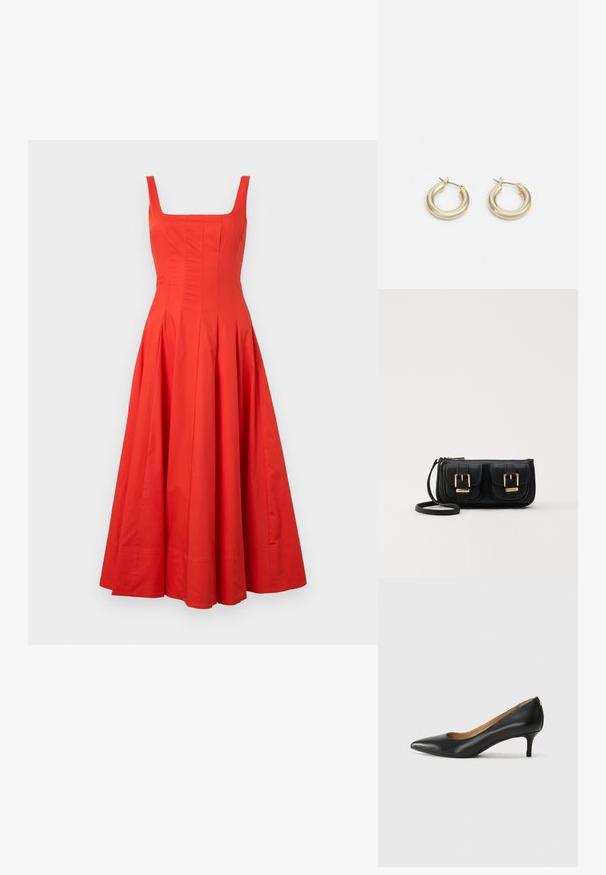Rochie midi din bumbac roșu, cu decolteu pătrat, corp ajustat și fustă evazată, având cusături verticale și o textură netedă.; Pantofii din piele neagră au vârful ascuțit, toc mic și o textură netedă. Au o deschidere ușoară în față și un hardware minim în spate.; Geantă neagră din piele, tip crossbody, cu două buzunare frontale, catarame aurii, închidere cu fermoar și o curea subțire. Suprafață texturată și formă rectangulară compactă.; Lauren Ralph Lauren BASIC SMALL HOOP - Cercei - gold-coloured