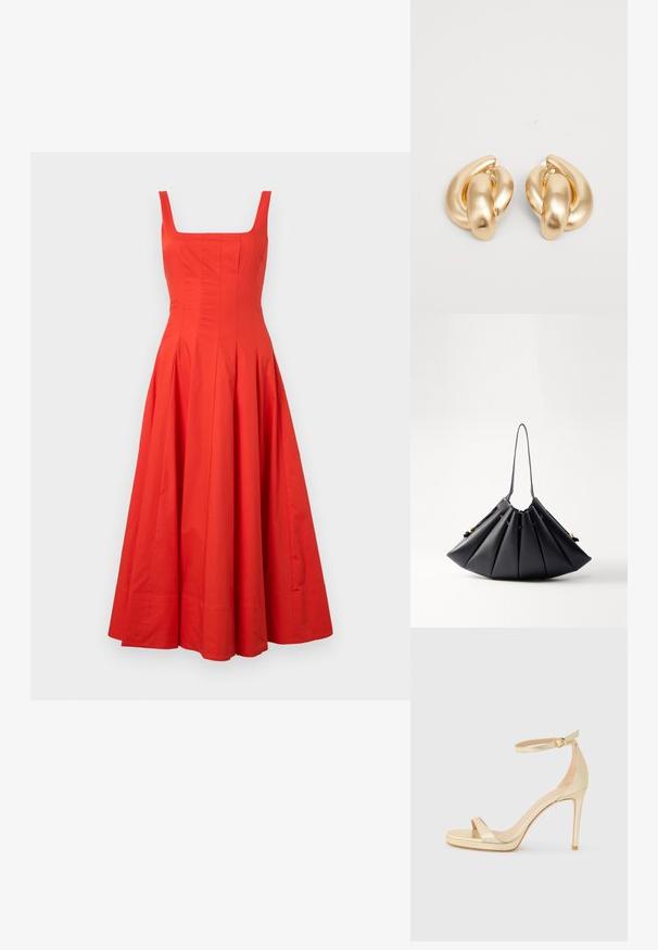 Abito midi in cotone rosso con scollatura quadrata, corpetto aderente e gonna svasata, caratterizzato da cuciture verticali e una texture liscia.; Sandal con tacco alto in metallo dorato, con punta aperta, cinturino alla caviglia con fibbia e suola a piattaforma per un'altezza aggiuntiva. Texture liscia.; Borsa a pleats nera in pelle liscia, con una maniglia singola, dettagli dorati e una forma geometricamente strutturata.; Orecchini in metallo color oro con un design intrecciato, una superficie liscia e lucida e forme arrotondate. Ciascuno misura circa 5 cm.