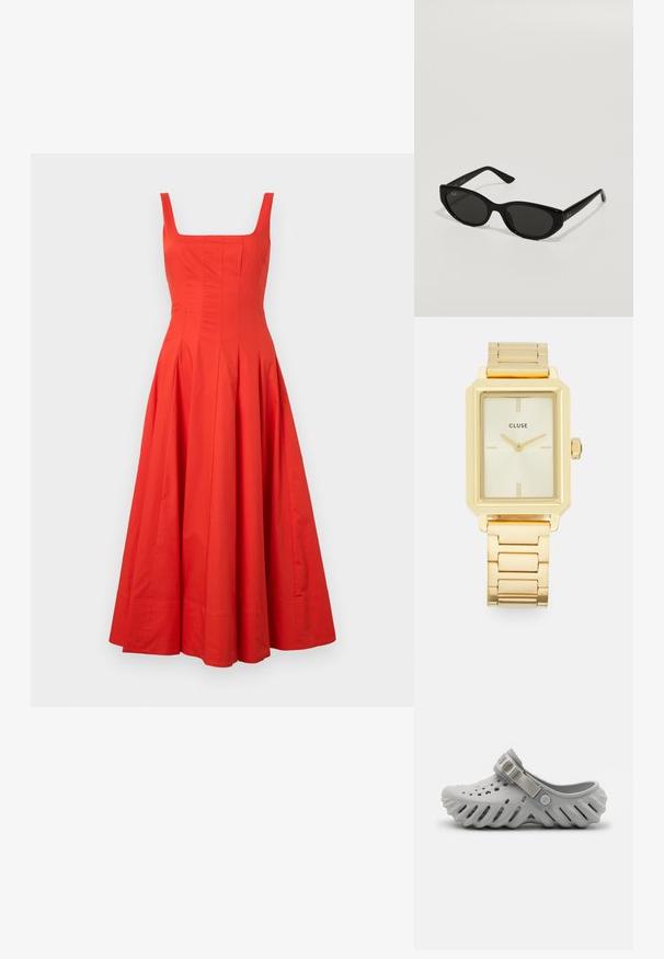 Vestido midi de algodón rojo con escote cuadrado, cuerpo ajustado y falda acampanada, que presenta costuras verticales y una textura suave.; Zueco ligero de color gris claro, fabricado en material suave con orificios de ventilación, suela acanalada y una correa ajustable beige para un ajuste seguro.; Gafas de sol negras con una forma de ojo de gato estrecha. Hechas de plástico suave, con lentes oscuros y sutiles acentos de logo en las patillas.; Reloj de pulsera rectangular dorado con un diseño minimalista, que presenta una esfera color crema, manecillas doradas y una pulsera de eslabones metálicos. Las marcas incluyen el nombre de la marca.; Clip para el cabello blanco con forma de flor y un degradado amarillo claro, que cuenta con un mecanismo de resorte y una textura de plástico suave.