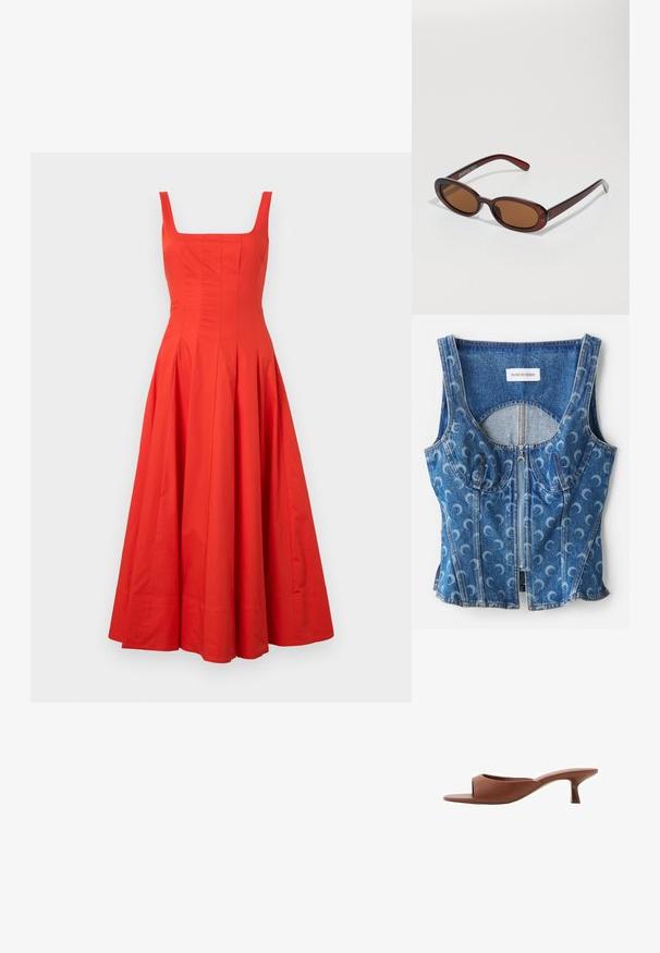 Rotes Baumwoll-Midikleid mit quadratischem Ausschnitt, figurbetonter Oberteil und schwingendem Rock, der vertikale Nähte und eine glatte Textur aufweist.; Denim Cropped-Top mit Reißverschluss vorne, abgerundeten Nahtdetails und einem wiederholten Halbmond-Muster in Hellblau auf einem dunkleren blauen Hintergrund.; Braune offene Absatzmules mit glatter, matter Oberfläche, die ein geschwungenes Design und einen transparenten, verjüngten Absatz aufweisen.; Runde, braun getönte Sonnenbrillen mit einem glänzenden burgunderfarbenen Rahmen. Schlanke Bügel mit dezentem Branding. Flaches Linsendesign.