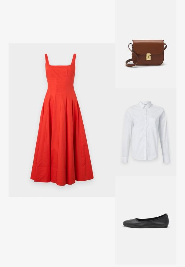 Robe midi en coton rouge avec un décolleté carrée, un buste ajusté et une jupe évasée, présentant des coutures verticales et une texture lisse.; Chemise blanche à manches longues en coton. Dotée d'un devant à boutons, d'un col pointu et d'une poche poitrine du côté gauche.; Ballerines en cuir noir avec un bout rond, texture lisse, détails de couture minimalistes et design de semelle flexible.; Sac à main en cuir marron avec une fermeture à rabat, des accents en métal doré, une bandoulière et une texture lisse. Forme rectangulaire compacte.