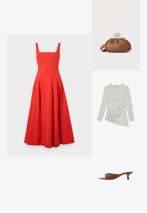 Abito midi in cotone rosso con scollatura quadrata, corpetto aderente e gonna svasata, caratterizzato da cuciture verticali e una texture liscia.; Maglia a maniche lunghe color crema con scollatura rotonda, caratterizzata da un design a strati e dettagli arricciati nella parte inferiore. Tessuto morbido con una trama liscia.; Mule con tacco aperto di colore marrone, con una finitura liscia e opaca, caratterizzate da un design curvo e un tacco trasparente e affusolato.; Pochette in pelle marrone con chiusura a sfera argentata e un piccolo dettaglio a catena argento su sfondo bianco.