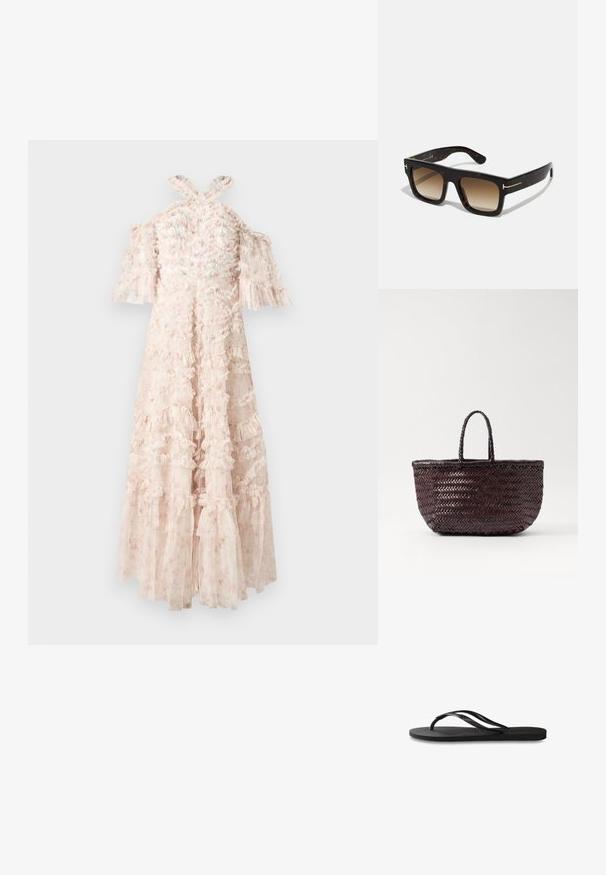 Rochie roz deschis cu straturi ondulate, mâneci căzute pe umeri și bretele încrucișate pe spate. Material transparent cu detalii florale.; Încălțăminte tip flip-flop neagră cu o talpă din cauciuc texturat, două bretele subțiri și un detaliu discret, embosat cu logo pe bretea.; Ochelari de soare cu cadru pătrat din material tortoiseshell, lentile de nuanță maro în degradeu și accente de hardware aurii subtile pe brațe.; DRAGON DIFFUSION BAMBOO TRIPLE JUMP SMALL - Geantă de mână - dark brown
