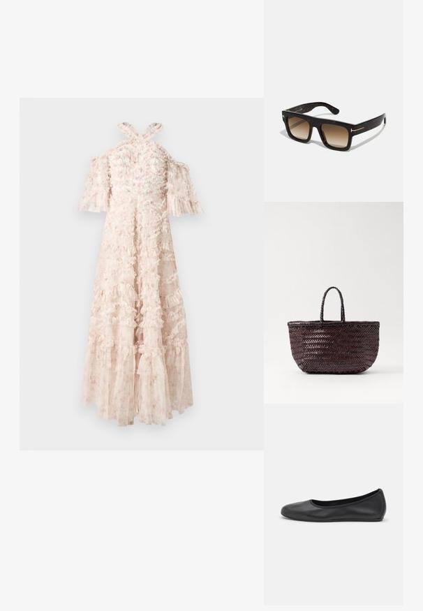 Fényes rózsaszín ruha fodros rétegekkel, vállhamarító ujjakkal és keresztezett pántokkal hátul. Áttetsző anyag virágmintával díszítve.; Fekete bőr balettcipő lekerekített orral, sima tekstúrával, minimális varrással és rugalmas talp kialakítással.; Teknőc páncélszínű napszemüveg négyzet alakú kerettel, átmeneti barna lencsékkel és finom arany részletekkel a szárakon.; DRAGON DIFFUSION BAMBOO TRIPLE JUMP SMALL - Kézitáska - dark brown