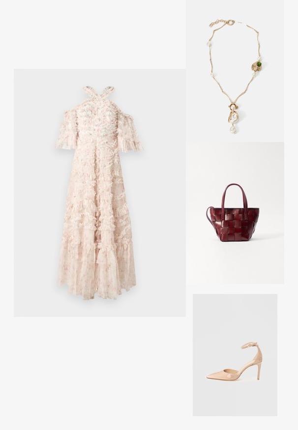 Jasnoróżowa sukienka z falbankami, rękawami typu off-the-shoulder i krzyżującymi się ramiączkami z tyłu. Przezroczysty materiał z detalami w kwiatowy wzór.; Nude lakierowane buty na szpilce z odkrytym palcem i paskiem wokół kostki, charakteryzujące się gładką fakturą i minimalistycznym designem.; Torebka tote z wPLECIONEJ bordowej skóry, z dwoma krótkimi uchwytami i odpinanym paskiem na ramię. Charakteryzuje się usztywnionym kształtem i gładką fakturą.; Złota naszyjnik z splotami, białymi perłami i akcentem zielonego kamienia. Posiada skomplikowane detale oraz zapięcie do zamykania.