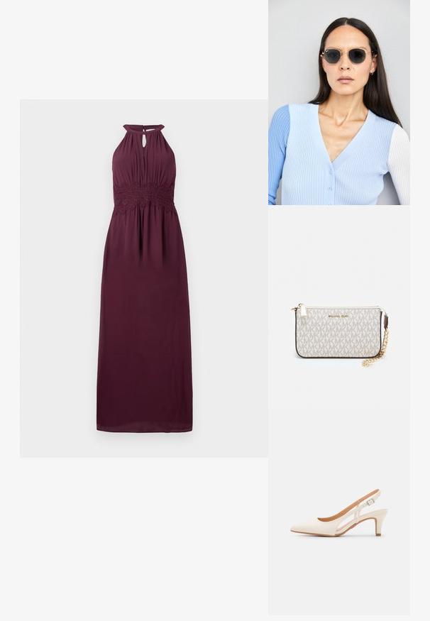 Burgundijas maxi kleita, haltera kakla dizains ar atslēgas caurumu, teksturēta mežģīņu josta, plūstoša auduma un maiga krituma.; Baltas siksniņveida papēdis ar smailu purngalu, gludu augšējo materiālu, zemu blokpapēdi un sānu izgriezumu dizainu ar regulējamu sprādzi.; Apaļas saulesbrilles ar tumšiem objektīviem un zeltītām rāmēm. Modelis valkā gaiši zilu, ribotu kardigānu ar pogām un kontrastējošām baltām piedurknēm.; Michaela Korsa rokassomi bez̦ā īšojuma, kas izgatavota no apklāta kanvas, iekļaujot atkārtotu MK logotipa rakstu, zelta aparatūru un noņemamu ķēdes siksnu.