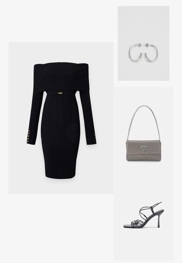 Svart off-shoulder-klänning med långa ärmar, ribbad textur, figurnära silhuett och guldfärgad knappdetaljer på ärmarna. Inkluderar bälte.; Svarta högklackade sandaler har tunna remmar med en knuten design, en slät fyrkantig tå och en smal stilettklack.; Ljusgrå metallisk handväska med kedjestropp, prydd med små cirkulära metallnitar och en triangulär logotyp.; Silver hoopsörhängen med en slät, glänsande yta, med en böjd form och post-stängning. Minimalistisk design med en modern finish.