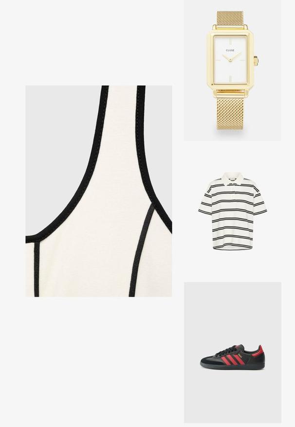 Kermanipäällinen, jossa on musta reunus, vaihtelee sileästä rakenteesta ja pyöreästä kaula-aukosta. Suunnittelussa on kontrastiväriset ompeleet reunoilla.; Valkoinen polo-paita mustilla vaakasuorilla raidoilla, lyhyet hihat ja klassinen kauluskieli. Kaksi nappia napituksessa ja suora helma alaosassa.; Musta urheilukenkä, jossa punaiset raidat, nahka- ja mokkamateriaalit, pyöreä kärki, tasapohjainen kumipohja ja kullanväriset tekstit sivussa.; Kudottu olkisetti, jossa on levenevä muoto, mustasta nahasta oleva pohja ja kahvat. Teksturoituja luonnonkuituja, joissa on sileät mustat yksityiskohdat.; Kullanışlı bir yan taç ile zamana ayarlama özelliğine sahip, minimalist saat işaretlerine ve metal örgü bir kayışa sahip beyaz yüzlü altın rectangular saat.