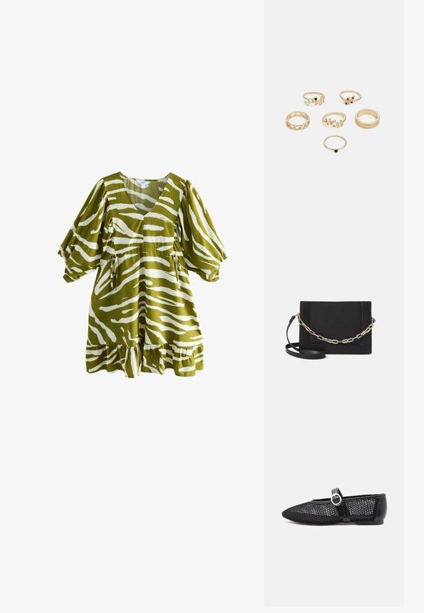 Rochie verde măsliniu cu dungi albe de zebre, decolteu în V, mâneci scurte tip puff, talie strânsă și tiv volanat. Realizată dintr-un material moale, texturat.; Pantofii plano Mary Jane din plasă neagră, cu vârf rotund, curea ajustabilă, cataramă argintie și contrafort solid, pe fundal alb.; Geantă de umăr din piele neagră, cu o textură netedă, formă rectangulară și un detaliu din lanț metalic în față. Include curea reglabilă.; Set de șase inele aurii cu diferite designuri: împletite, cu motive de frunze și benzi solide; unele cu accente de pietre prețioase verzi.