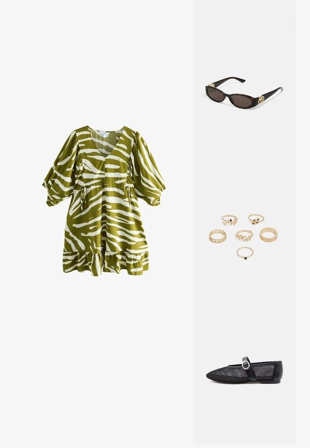 Olivově zelené šaty s bílými pruhy zebry, s výstřihem do V, krátkými nabíranými rukávy, zúženým pasem a volánkovým lemem. Vyrobeno z měkké, texturované látky.; Černé síťované baleríny Mary Jane s kulatou špičkou, nastavitelným popruhem, stříbrnou sponou a pevným opatek na bílém pozadí.; Brýle sluneční s kočičím vzorem, prodloužené oválné čočky, hnědý odstín, zlaté logo na spáncích a elegantní černé nožičky.; Sada šesti zlatých prstenů s různými designy: splétané, motivy listů a hladké prsteny; některé s zelenými drahokamy.