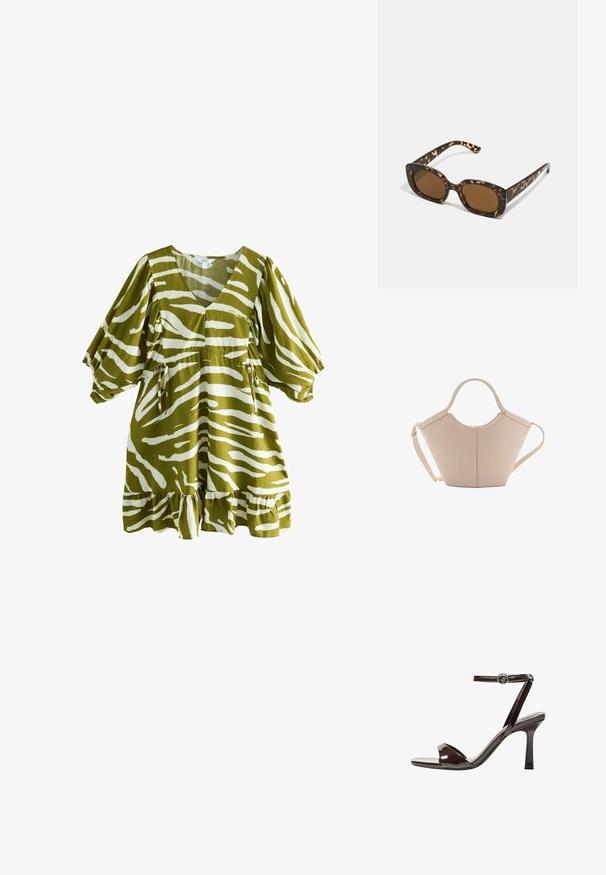 Olive green dress with white zebra stripes, V-neck, short puff sleeves, cinched waist, and ruffled hemline. Made from soft, textured fabric.; Brązowe lakierowane skórzane sandały na wysokim obcasie z paskiem wokół kostki, otwartym noskiem i eleganckim, minimalistycznym designem. Posiadają kwadratowy obcas.; Okulary przeciwsłoneczne w kratkę z zaokrągloną, grubą oprawą i brązowymi soczewkami. Posiadają subtelne wzory oraz proste, zwężane zauszniki.; Beżowa skórzana torebka o unikalnym kształcie, z dwoma krótkimi uchwytami i długim, regulowanym paskiem. Gładka tekstura z minimalną ilością elementów metalowych.