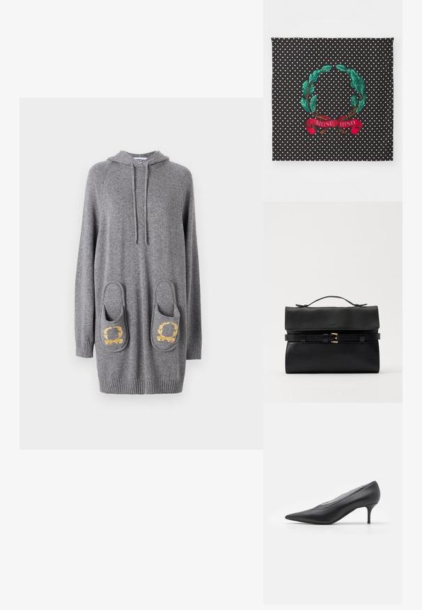 Hallhalli halliga dress pehmest kangast, millel on kaks suurt taskut kuldsete lehemustritega, ribakujuline äär ja varrukad.; Must be itke erade musta säärelise sabaga jalats, mis on valmistatud sileda nahaga. Omab kitsast kontsa ja minimalistlikku disaini, ilma nähtavate kaunistusteta.; Mustrekiga must sall valgete ringidega. Selles on roheline pärg koos pruunide okstega ja punane lint, millel on valgete tähtedega kirjas "MOSCHINO".; Must tumed mustrans ja paneeliga, klamberiga ja ülemise käepidemega. Sile tekstuur ja minimalistlik disain, sobib erinevateks olukordadeks.