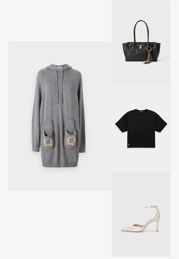 Hallhalli halliga dress pehmest kangast, millel on kaks suurt taskut kuldsete lehemustritega, ribakujuline äär ja varrukad.; Must musta t-särk lühikeste varrukatega, ümar kaelus ja väike valge logo alumisel vasakul küljel. Klassikaline, kastikujuline lõige minimaalsete detailidega.; Valgete nahast kõrge kontsaga kingad, terava varbaga, ankle strapiga ja kitsaste stiletto kontsadega. Sile tekstuur koos peene läikega.; Must musta kott, millel on kahekordsed käepidemed, kuldne lukustus ja kett, ning must-valge tutikate aksessuaar valge tausta ees.