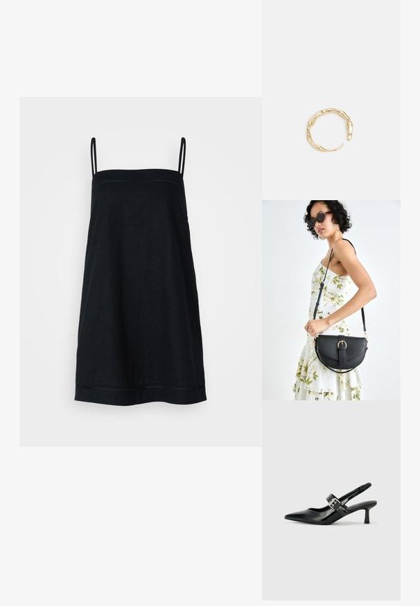 Juodas lininis suknelė-šleifas su plonais diržais, laisvu siluetu ir tiesia apatine dalimi. Yra subtilus siuvinėjimo detalė palei kaklo ir apatinės dalies kraštus.; Juodai lakuoti slingback aukštakulniai su smailiu kojų pirštu ir mažais blokiniais kulniukais, su sidabro sagtimi ant dirželio.; Juodas odinis krepšys su išlenkta forma, nuimamu dirželiu ir auksiniais detalėmis. Krepšys turi kilpą su sagtimi.; Auksinės spalvos žiedas, turintis organišką, sukimosi dizainą su lygiu paviršiumi ir siaurėjančiais galais, sukuriantis modernią skulptūrinę išvaizdą.