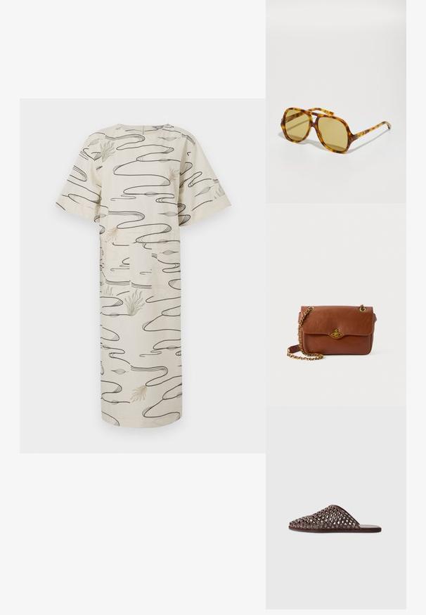 Rochie midi bej cu mâneci scurte, cu spirale negre abstracte și modele subtile de plante verzi și bej pe stofă de bumbac.; Sandale tip slide împletite, de culoare maronie, cu vârf rotund, design deschis, talpă plată și suprafață texturată. Material ușor și siluetă minimalistă.; CHLOÉ CH0289S - Ochelari de soare - havana/green; Geantă din piele maro, tip crossbody, cu închidere cu clapetă, elemente din aur și curea din lanț. Textură netedă, formă rectangulară, detalii minime.