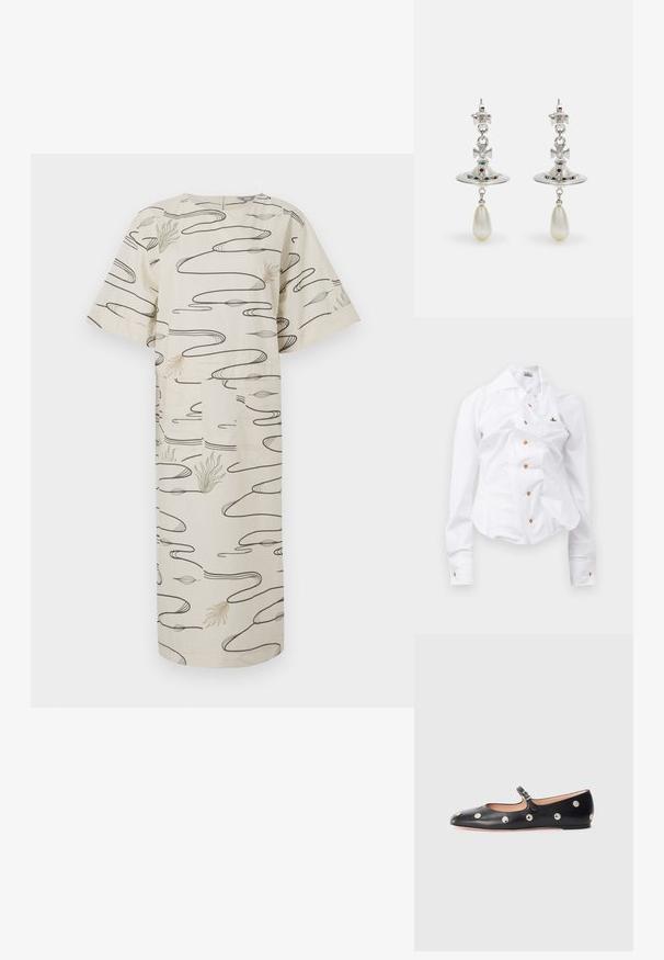 Bež midi haljina s kratkim rukavima, apstraktnim crnim vijugama i suptilnim zelenim i bež biljnim uzorcima na pamučnom materijalu.; Bijela košulja dugih rukava s uskim dizajnom. Sadrži veliki ovratnik, prednje zatvaranje na gumbe smeđe boje i mali vezeni logotip.; Crne kožne Mary Jane balerinke s zaobljenim vrhom, koje sadrže srebrne kružne zakovice i podesivu traku s kopčom.; Srebrne naušnice s kružnom okruglom petljom, ukrašene sjajnim kamenčićima i kapljicom bisera. Distinktivan dizajn s složenim detaljima.