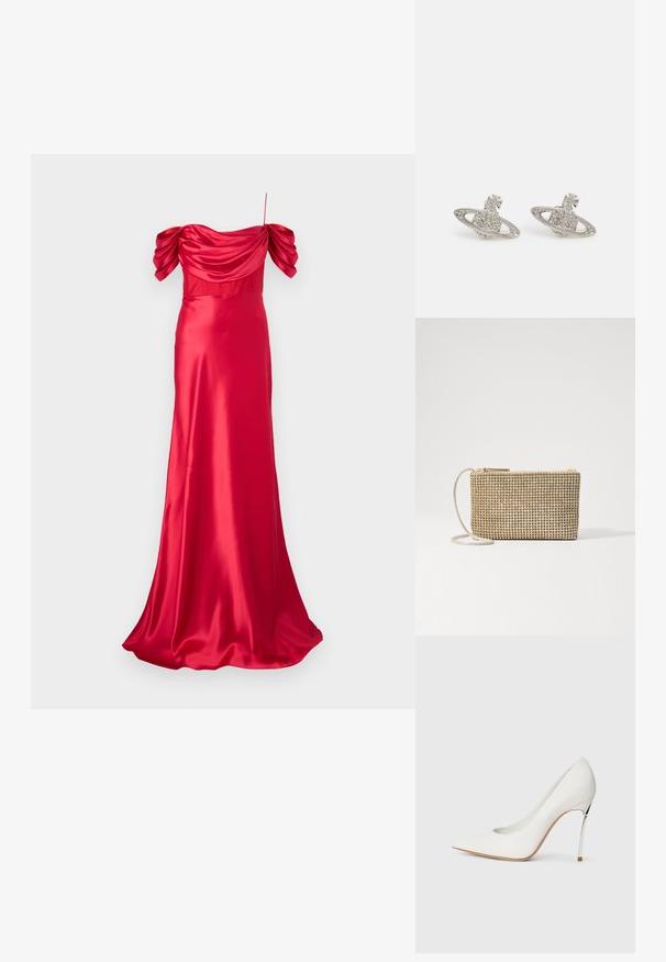 Rachel Gilbert SAWYER GOWN - Iltapuku - red; Valkoiset korkokengät, joissa on terävä kärki ja hieno kimallustekstuuri. Hopeinen metallinen korko tuo kontrastia. Tyylikäs muotoilu.; Loeffler Randall YASMINE FLAT CLUTCH - Olkalaukku - gold; Hopeakorvarenkaat, jotka on muotoiltu Saturnukseksi, sisältävät strukturoitua planeettaa renkaineen, koristeltuna pienillä kirkkailla kristalleilla ja nauhamuotoisella nupilla.; Hopeakorvarenkaat, jotka on muotoiltu Saturnukseksi, sisältävät strukturoitua planeettaa renkaineen, koristeltuna pienillä kirkkailla kristalleilla ja nauhamuotoisella nupilla.