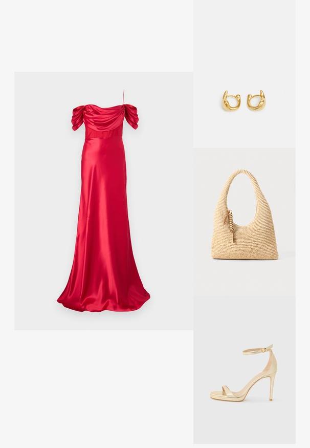 Rachel Gilbert SAWYER GOWN - Occasion wear - red; Gold metallic high-heeled sandal with an open toe, ankle strap with a buckle, and a platform sole for added height. Smooth texture.; Woven beige handbag with a curved handle, textured surface, and a brown tassel detail. Features a slouchy, hobo shape.; Gold hoop earrings featuring a smooth, rounded design with a polished finish. The earrings have a compact, chunky shape and a seamless clasp.