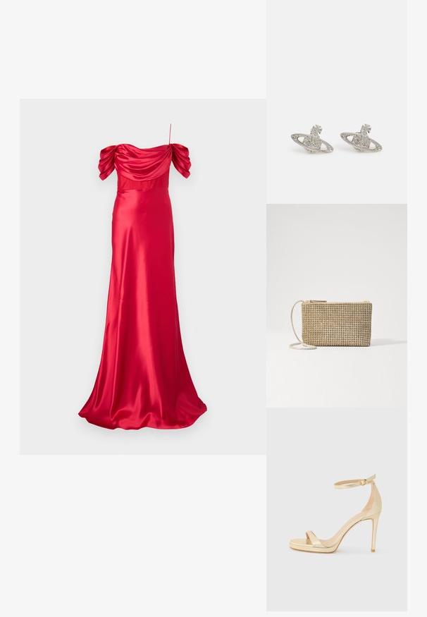 Rachel Gilbert SAWYER GOWN - Occasion wear - red; Gold metallic high-heeled sandal with an open toe, ankle strap with a buckle, and a platform sole for added height. Smooth texture.; Loeffler Randall YASMINE FLAT CLUTCH - Cross body bag - gold; Silver earrings shaped like Saturn, featuring a textured planet with a ring, adorned with small clear crystals and a bow-shaped stud.