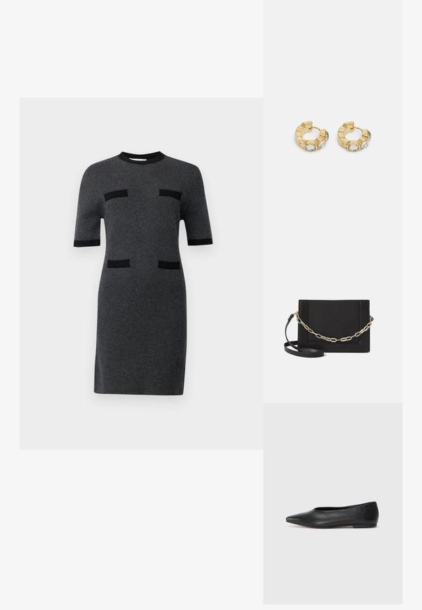 Lyhythihainen mekko tummanharmaasta neuloksesta. Siinä on mustia yksityiskohtia ja kaksi mustaa vaakasuoraa taskun näköistä yksityiskohtaa edessä. Suora siluetti.; Musta nahkainen ballerinatyyppinen kenkä, terävä kärki, minimalinen muotoilu, sileä pinta, matala korko, ei näkyvää metalliosaa tai koristeita.; Musta nahkainen olkalaukku, jossa on sileä pinta, suorakulmainen muoto ja metalliketju yksityiskohtana edessä. Mukana säädettävä hihna.; Kultaiset ympyräkorvakorut, joissa on tekstiurakuviointi ja kolme kirkasta kristallikoristetta yhdellä puolella, tarjoavat modernin geometrisen estetiikan.