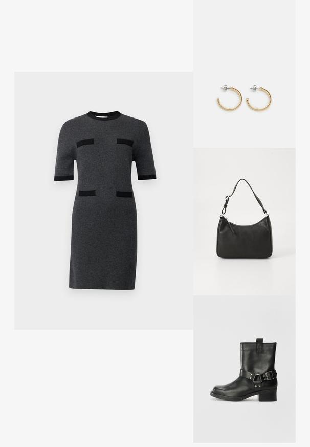 Kurzärmeliges Kleid aus dunkelgrauem Strickstoff. Mit schwarzen Akzenten und zwei schwarzen horizontalen taschenähnlichen Details auf der Vorderseite. Gerade Silhouette.; Samsøe Samsøe SABRENTA - Cowboy-/Bikerstiefelette - black; Schwarze Lederhandtasche mit geschwungener Form, einem einzigen Tragegurt, Reißverschlussverschluss und dezentem Branding auf der Vorderseite. Glatte Textur, minimalistisches Design.; Goldene Creolen mit einem gedrehten Seil-Design, silbernen Stegen und quadratischen Akzenten. Glatte metallische Oberfläche mit poliertem Finish.