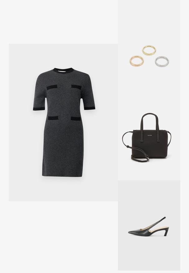 Kurzärmeliges Kleid aus dunkelgrauem Strickstoff. Mit schwarzen Akzenten und zwei schwarzen horizontalen taschenähnlichen Details auf der Vorderseite. Gerade Silhouette.; Schwarzer spitz zulaufender Slingback-Schuh mit niedrigem Absatz, der aus glattem Leder gefertigt ist und seitliche Ausschnitte für Atmungsaktivität aufweist.; Schwarze Handtasche mit zwei kurzen, doppelt geflochtenen Griffen und einem abnehmbaren Schulterriemen. Glattes, lederähnliches Material mit einem Reißverschluss und Logodetail.; Drei Metallringe: einer in Roségold, einer aus Gold mit strukturierten Akzenten und einer aus Silber, alle mit graviertem Branding auf dem inneren Band.