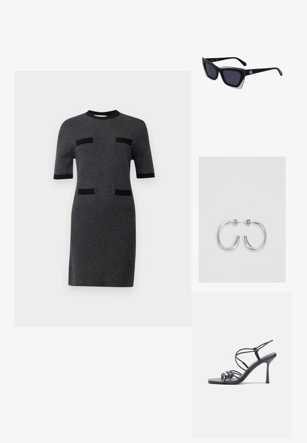 Kratka haljina s kratkim rukavima od tamnosivog pletenog materijala. Sadrži crne detalje i dva crna horizontalna detalja u obliku džepova sprijeda. Ravni silueta.; Crne sandale na visokoj potpetici imaju tanke trake s čvorastim dizajnom, glatki kvadratni vrh i elegantnu stiletto petu.; Crne oversize sunčane naočale geometrijskog oblika, s tamnim staklima i kontrastnom sivom dekoracijom na okviru. Logo na dršci.; Srebro naušnice u obliku prstena s glatkom, sjajnom završnom obradom. Zaobljenog oblika, laganog dizajna, s kopčom na poleđini.
